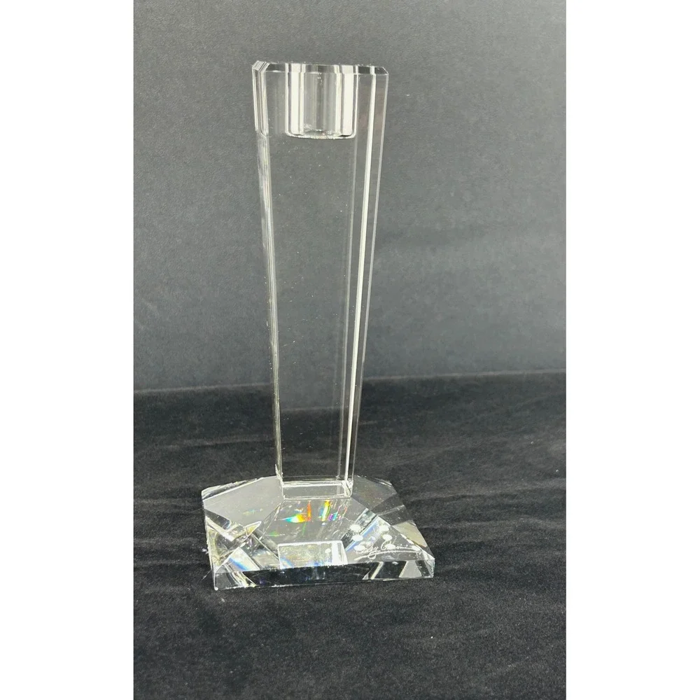 Oleg Cassini Crystal Candlestick Holder Signed Tapered Geometric Clear Glass 6in